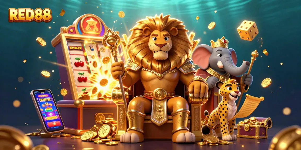 Engage in thrilling action at RED88 with cartoon characters amidst a dynamic casino scene featuring slot machines and gold coins.