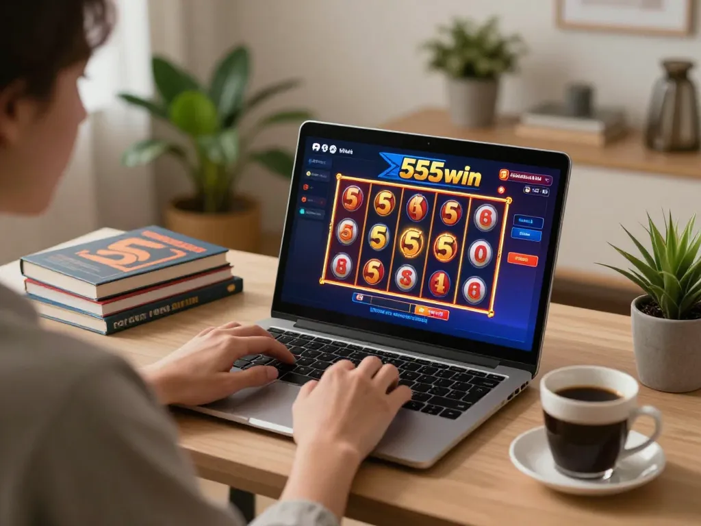 Engaging online gaming scene with 555win interface, showcasing excitement in a cozy home office
