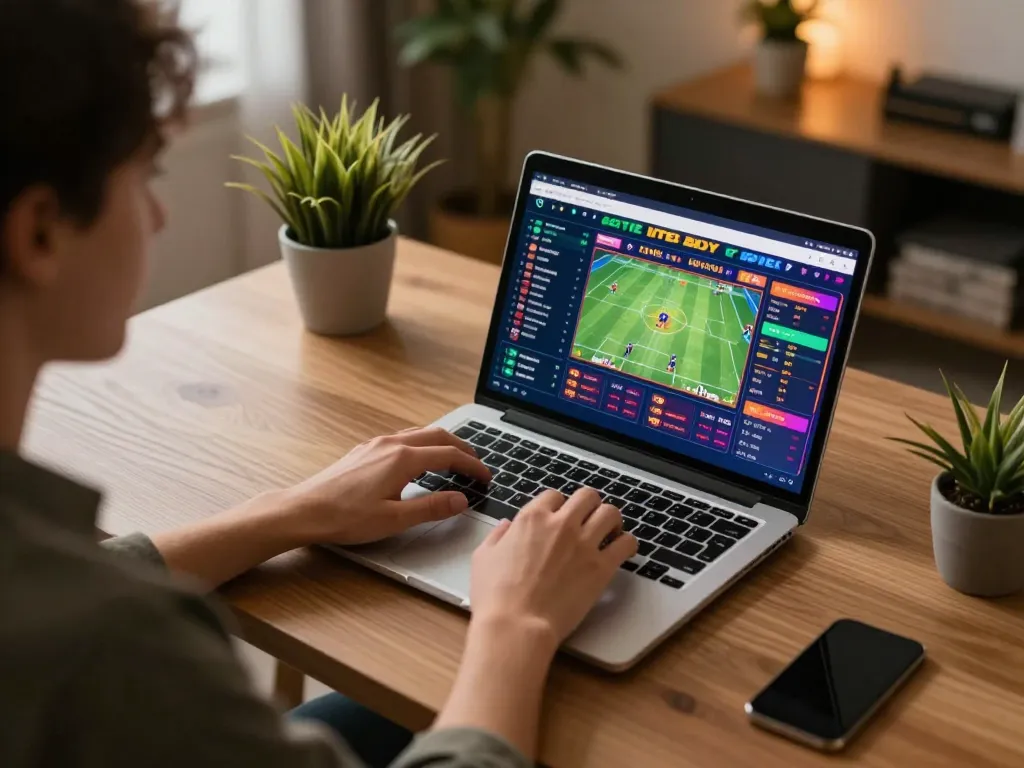 Engaging in a sports betting session with nhà cái bl555 on a laptop, showcasing a dynamic betting interface.