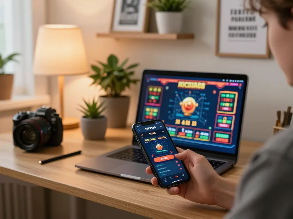 Player enjoying a strategic game on the XOCDIA88 app, with a cozy home setup showcasing responsible gambling.