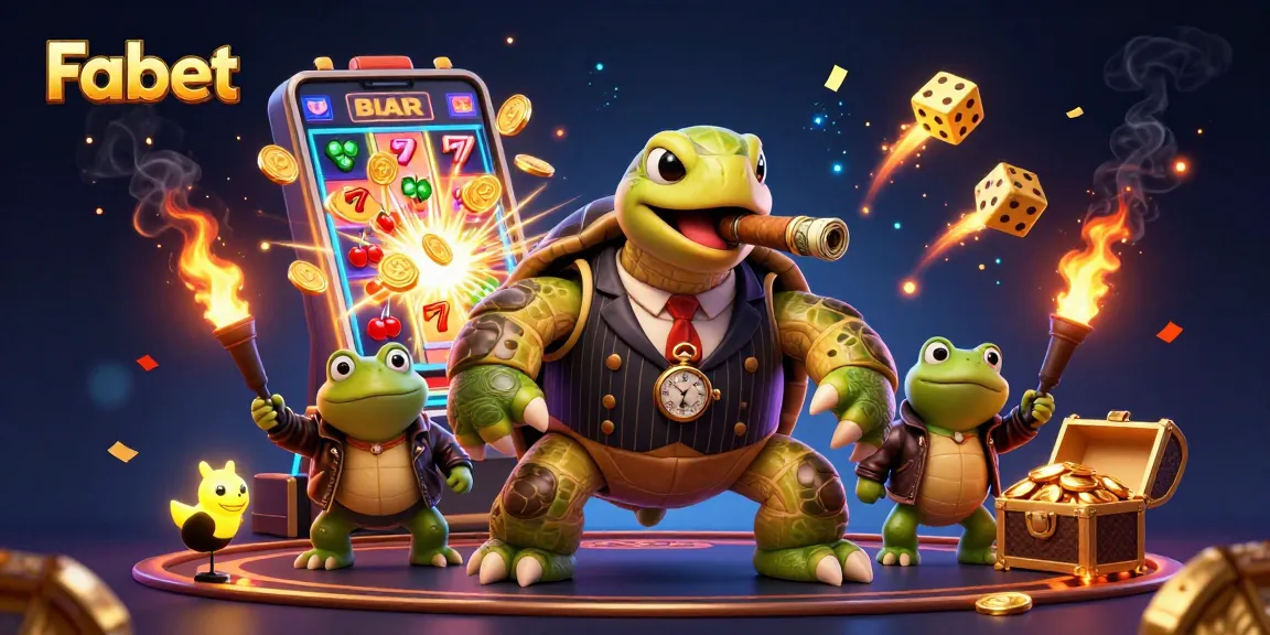 Fabet casino features a vibrant scene with a snapping turtle mobster and gold treasures.