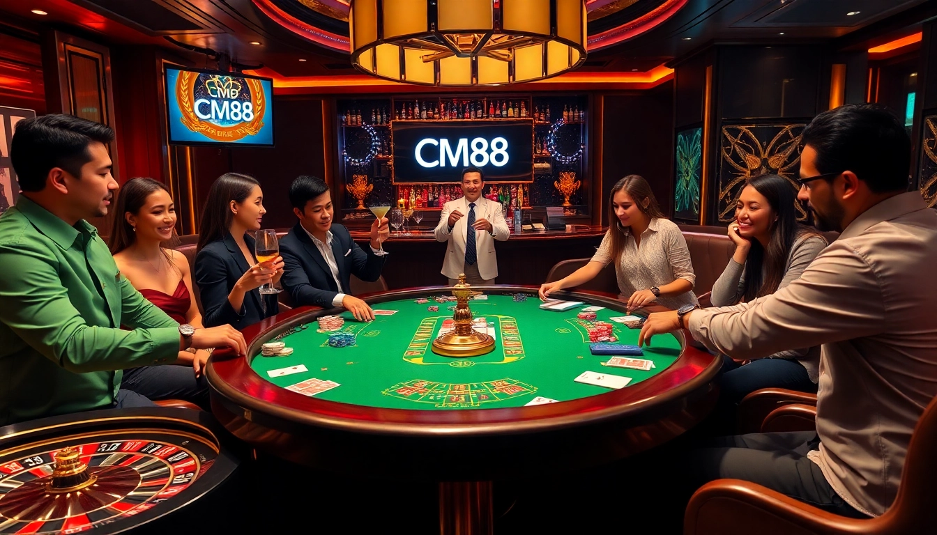 Players at a luxurious casino poker table showcasing CM88 chips and cards in an exciting atmosphere.