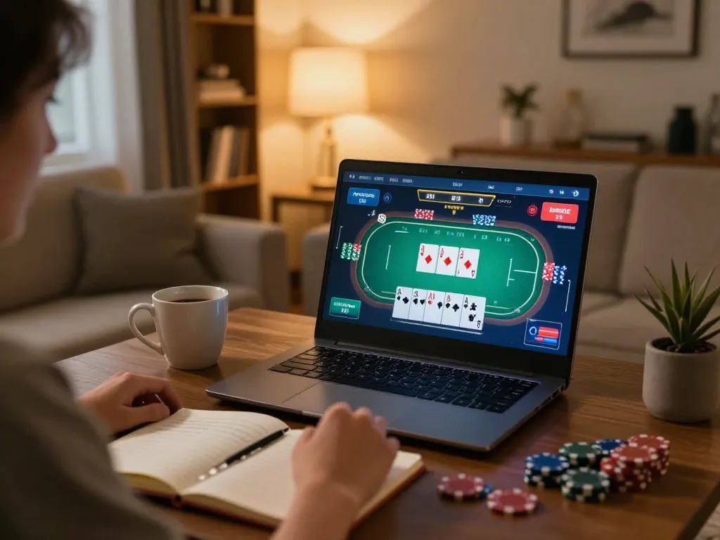 ALO8 player strategizing during an online poker game at home in a cozy setting