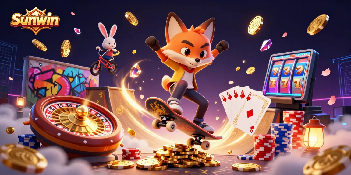 Experience thrilling casino action with Sunwin as a fox and rabbit perform stunts amidst vibrant gaming elements.