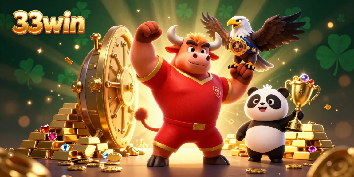 Engage in thrilling gameplay at 33win with muscular mascots and golden treasures in a vibrant 3D scene.