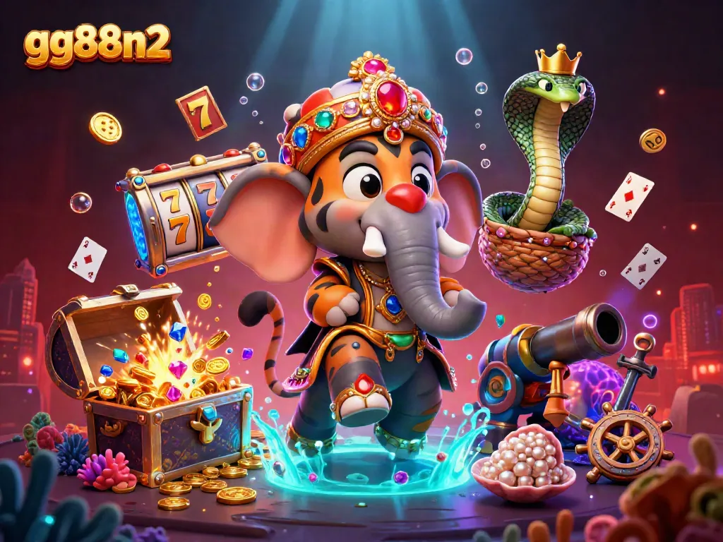 Engage in gaming excitement with gg88n2's vibrant 3D casino scene filled with slot reels and gold.