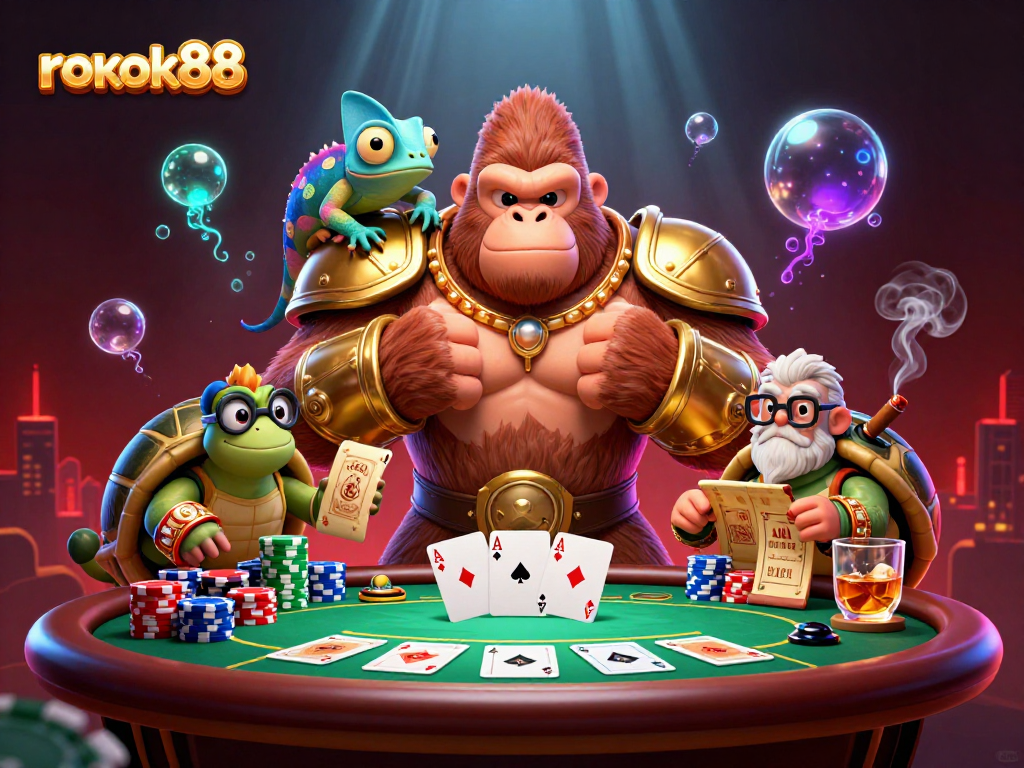 Experience thrilling gameplay at rokok88 with a king gorilla, a clever chameleon, and an elder tortoise surrounded by poker chips.