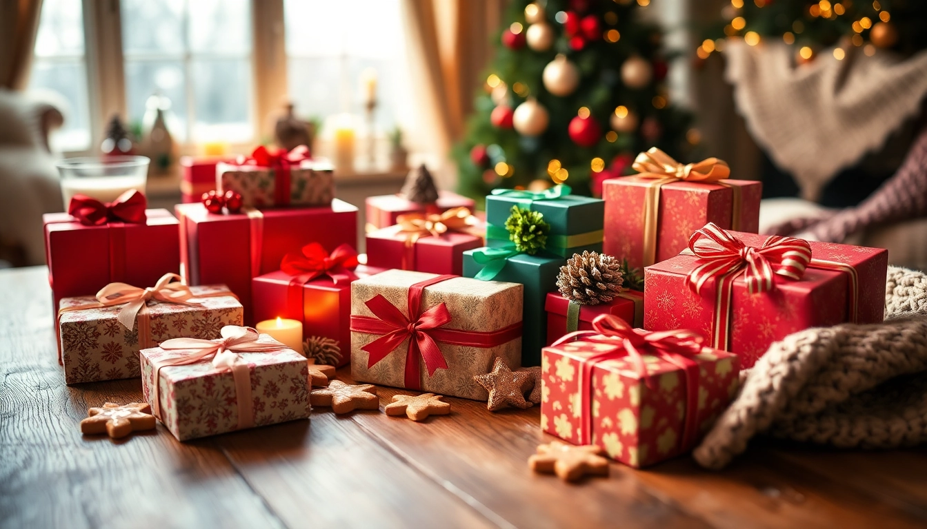 Feestelijk samengestelde kerstpakketten op een houten tafel, die warmte en feestvreugde oproepen.