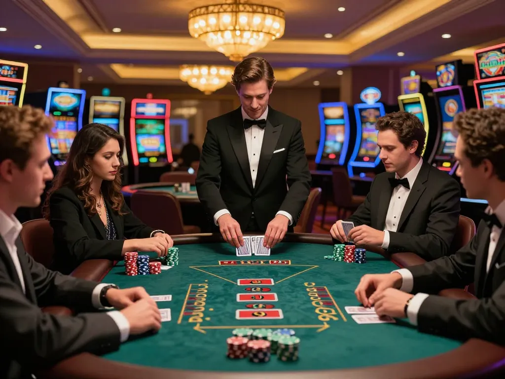 Players engaging in a thrilling blackjack game at an upscale casino while betting with kk44 chips.