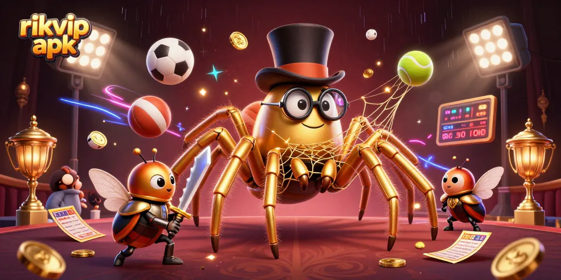 Engage with the rikvip apk in a lively casino scene featuring a golden tarantula and sports elements.