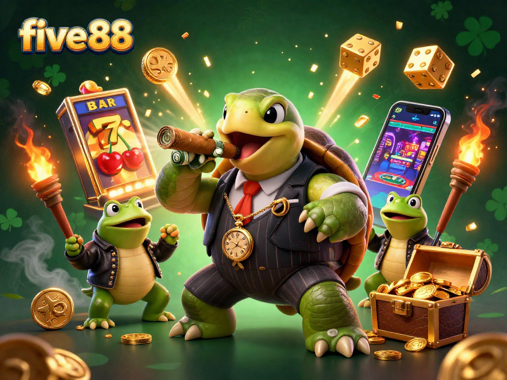 Experience the thrill of five 88 with a vibrant casino illustration featuring a turtle mobster and festive game symbols.