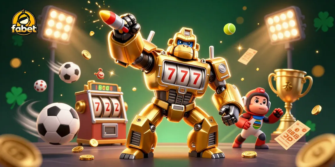 Experience fabet's exciting gameplay with a dynamic 3D illustration of a golden gorilla mech amidst sporting elements.