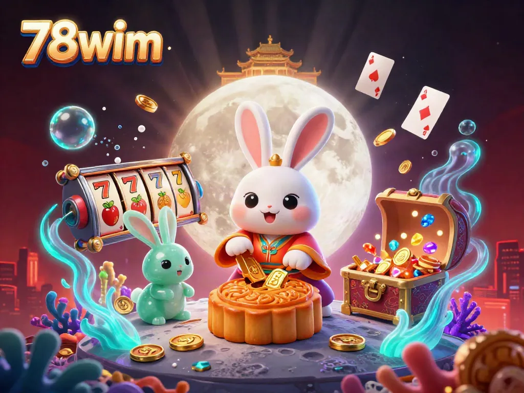 Experience thrilling gaming moments with 78wim as the moon rabbit reveals poker chips amidst a vibrant casino scene.