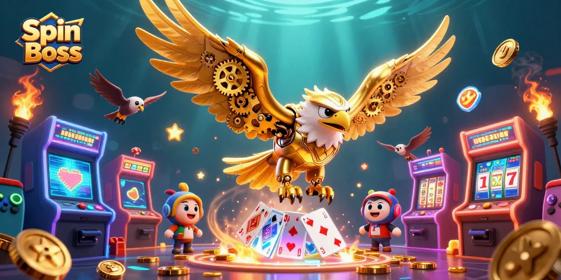 Engage with thrilling gameplay at Spin Boss casino featuring an animated golden eagle amidst vibrant gaming elements.