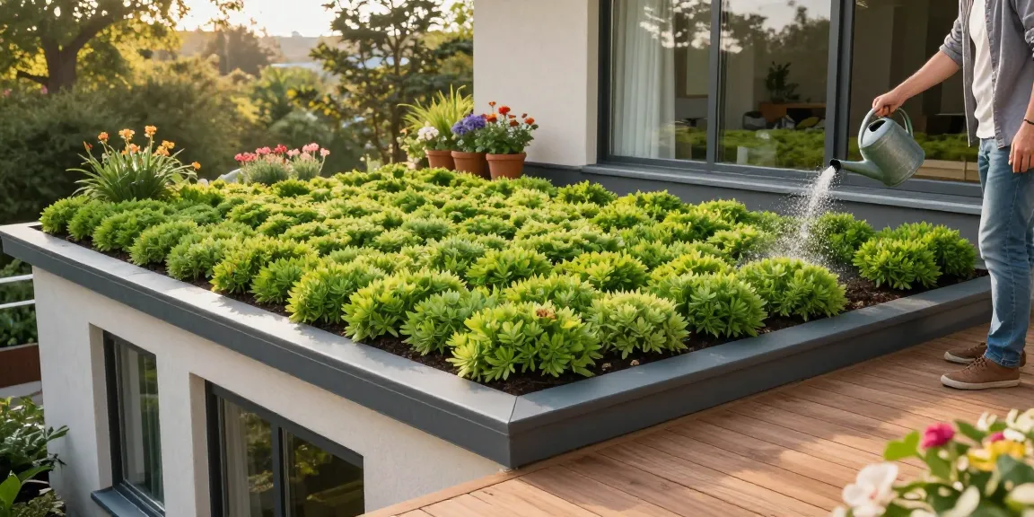 Een levendig mos sedumdak bedekt een groen dak, met een huiseigenaar die planten water geeft in een zonnige tuin.