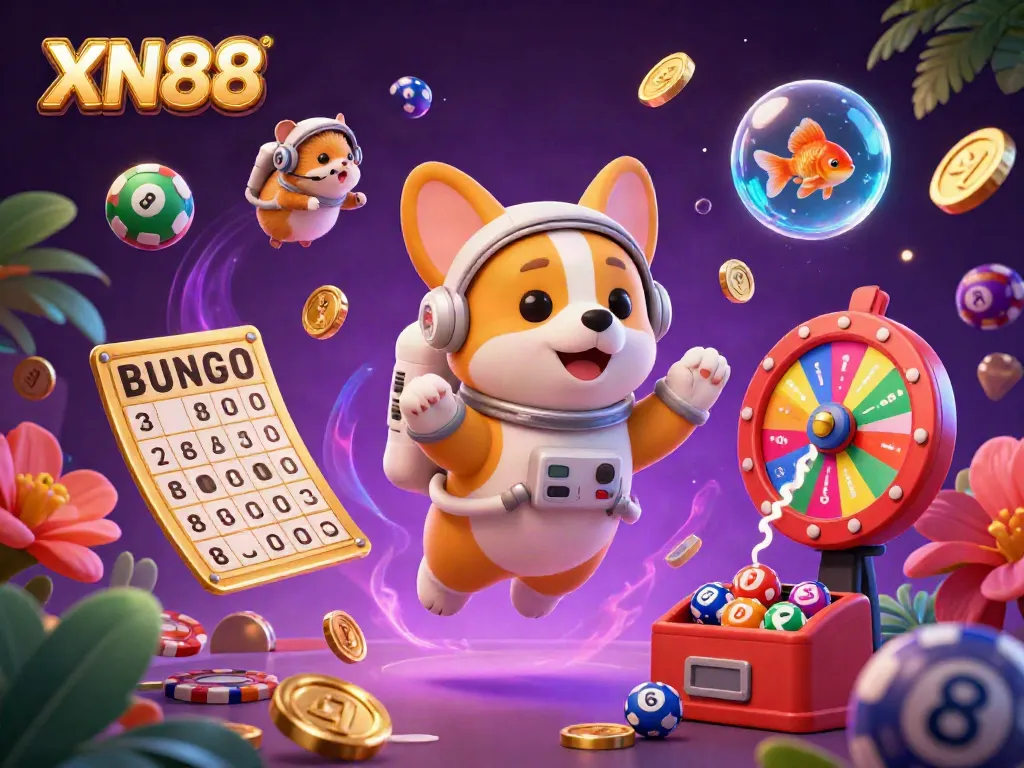 Experience XN88 in a magical casino scene where a floating corgi astronaut interacts with colorful lottery balls and casino elements.