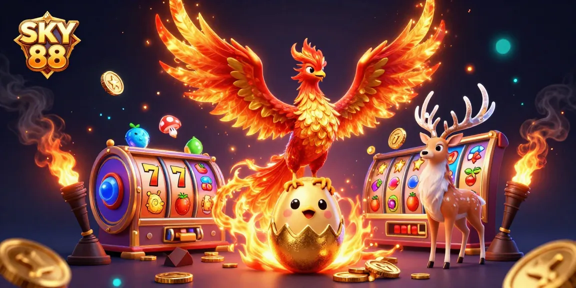 Experience the thrill of SKY 88 with vibrant slot reels and a mesmerizing phoenix scene.