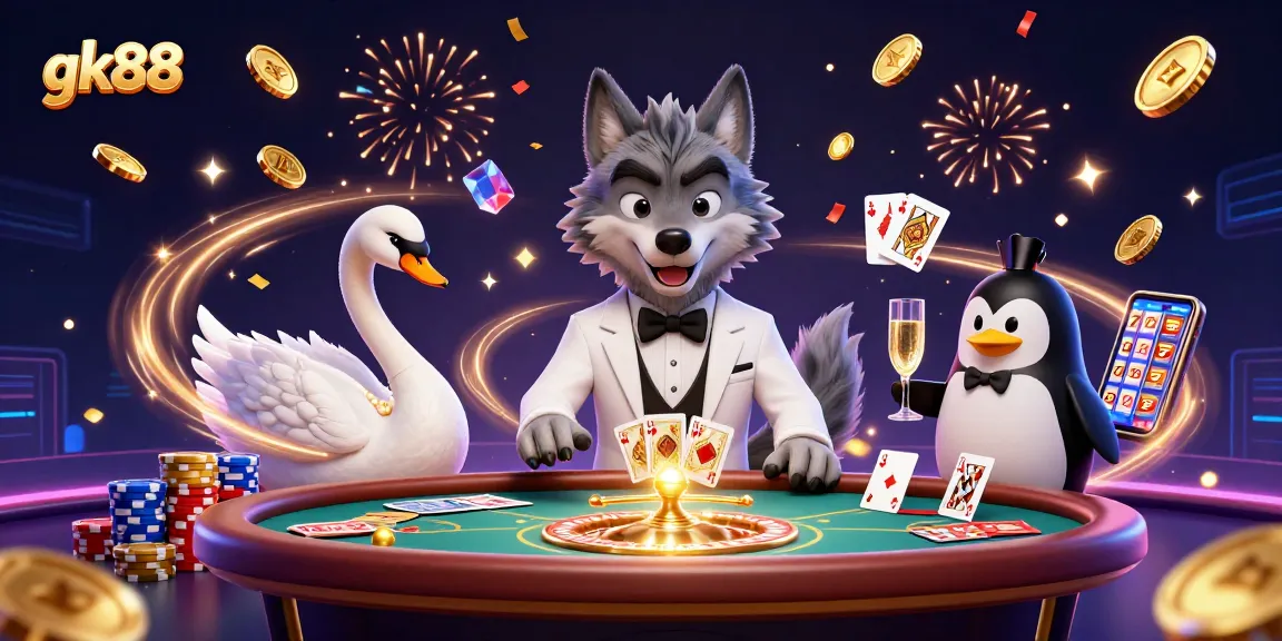 Experience thrilling gameplay with gk88 at a vibrant casino table featuring unique characters and festive elements.