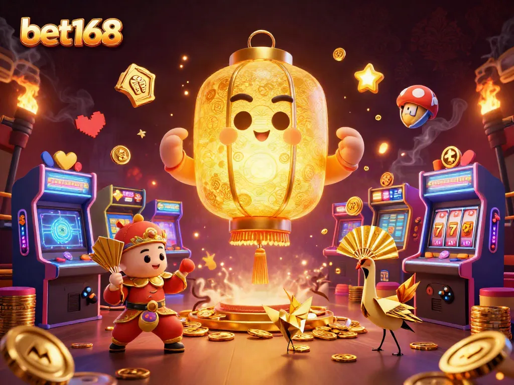Experience thrilling gaming at bet168 with a vibrant casino scene featuring slot reels and lucky symbols.