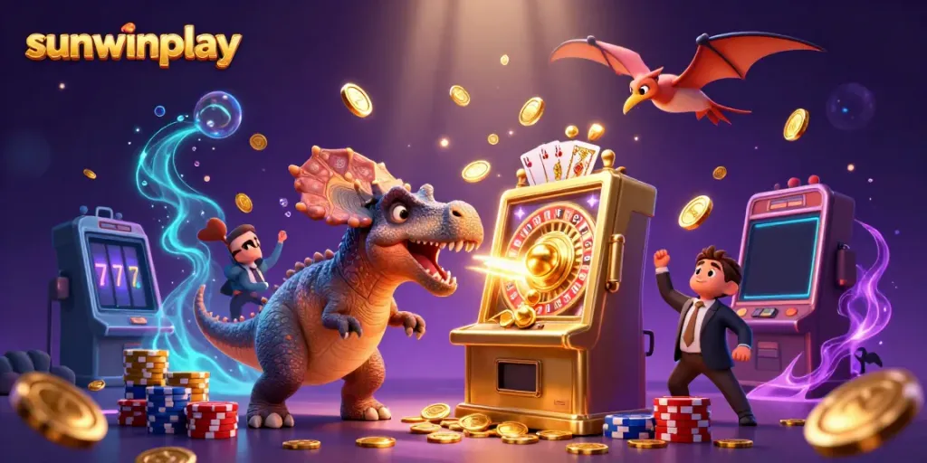 Experience the excitement of sunwinplay as a dinosaur wins big at the slot machine amidst a dynamic casino scene.