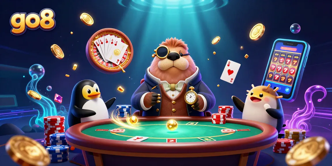 Experience high-stakes action at go8 with a whimsical underwater poker scene featuring a walrus and friends.