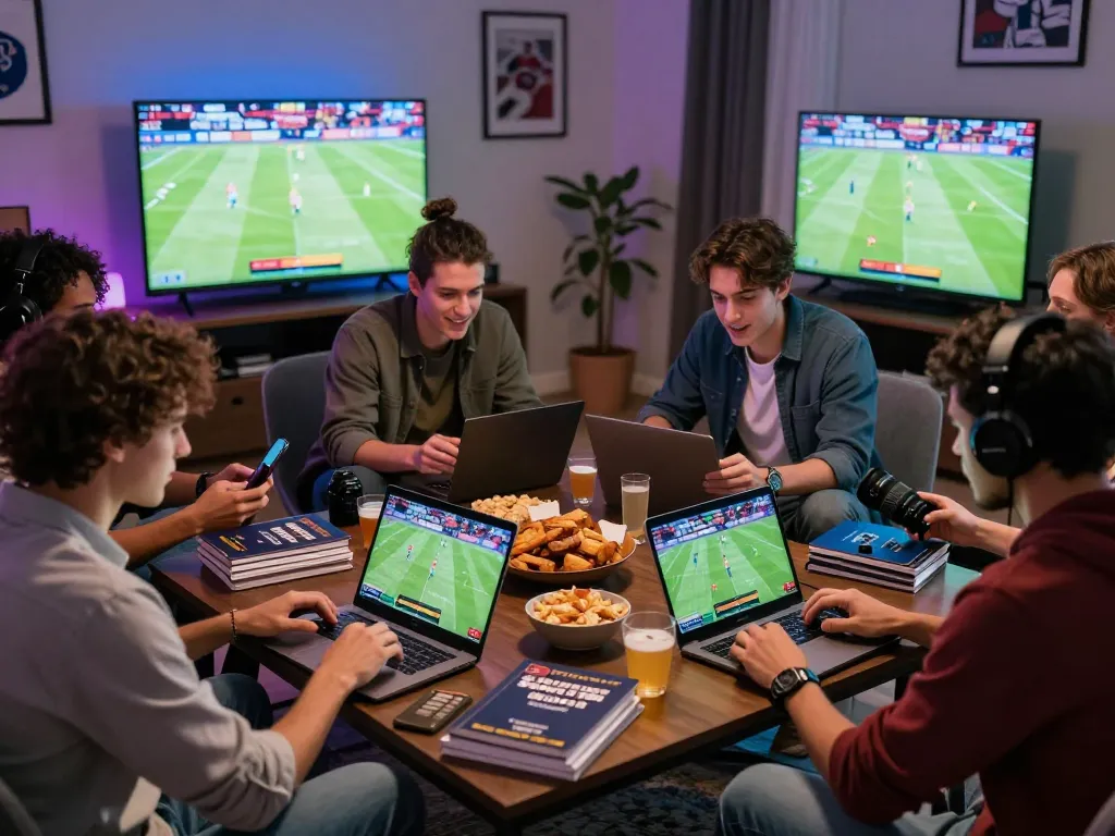 Exciting group betting experience with Topbet, friends engaged in sports betting, mobile devices, and lively atmosphere.