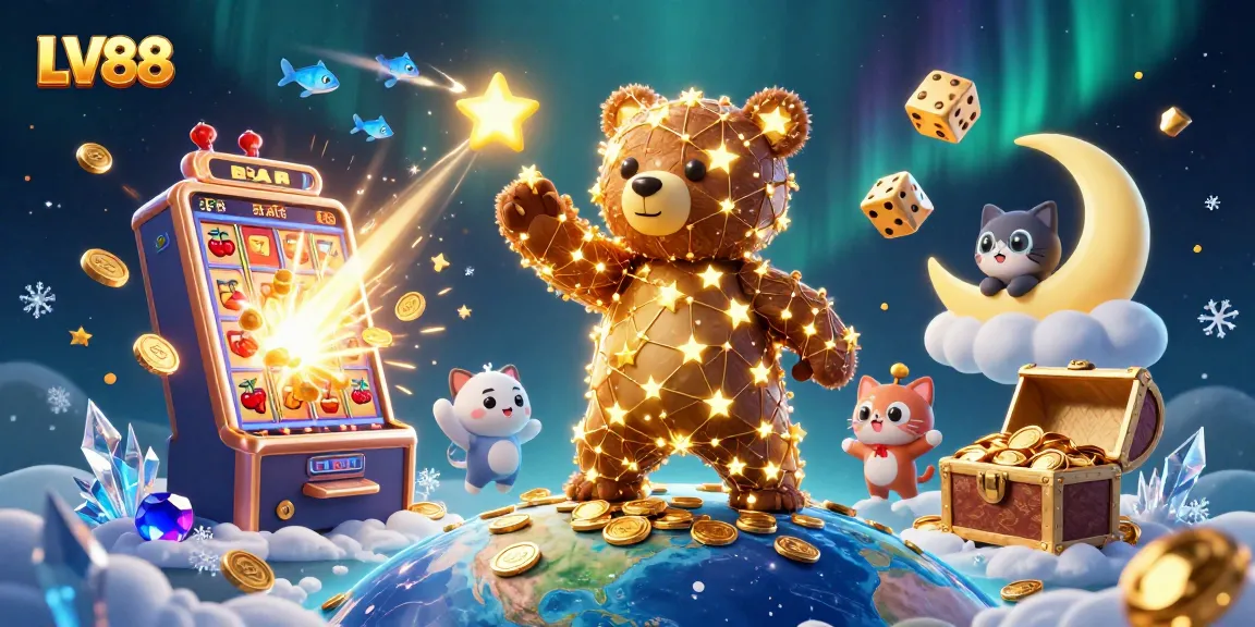 Experience LV88 online gaming with vibrant 3D imagery showcasing slots, treasures, and bonuses.