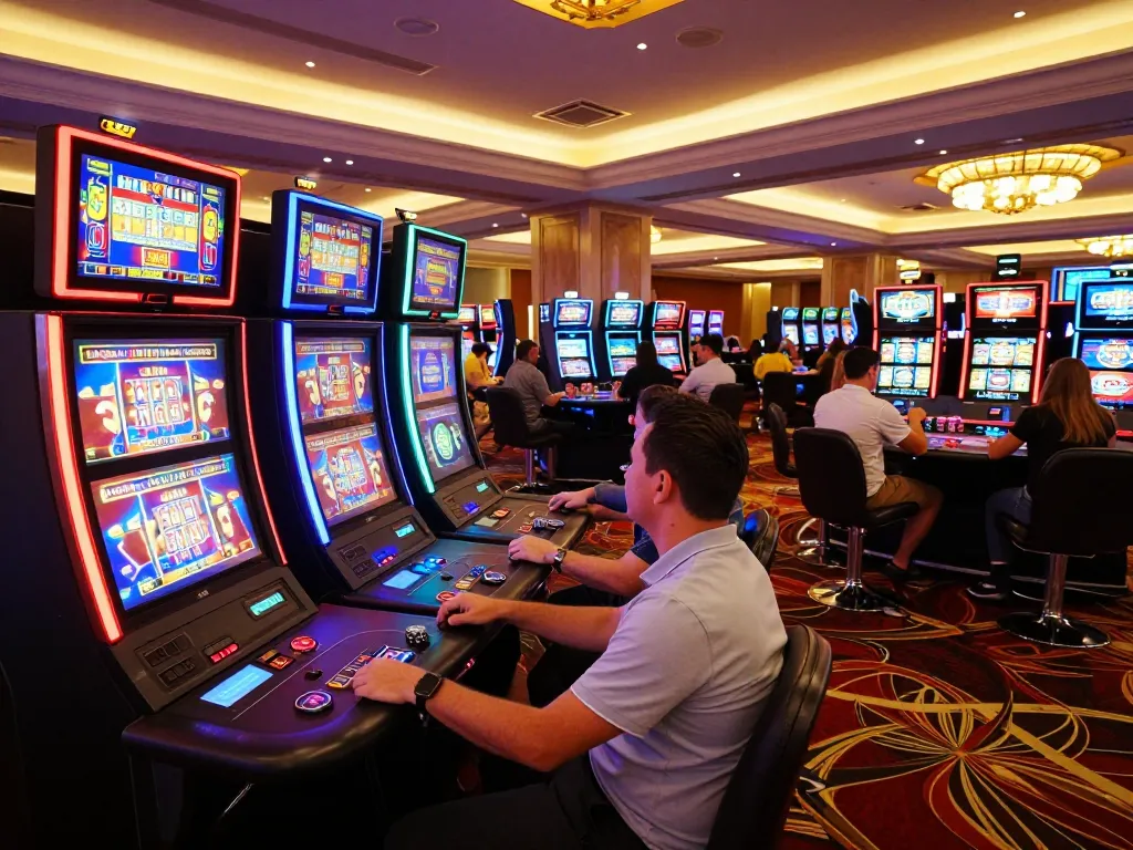 Players engaging with GA88 slot machines in a vibrant casino atmosphere