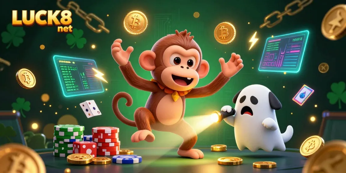 Experience LUCK8 net with a poltergeist monkey juggling casino elements in a vibrant casino scene.