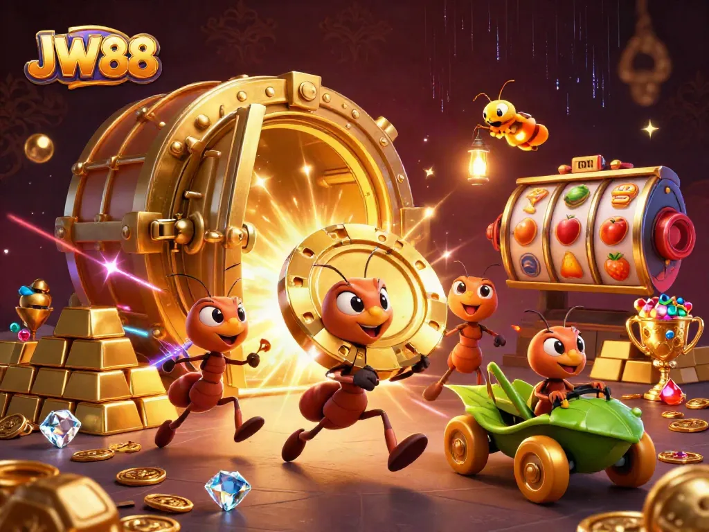Join the exciting action at JW88 as clever ants execute a heist with a golden poker chip among treasures.