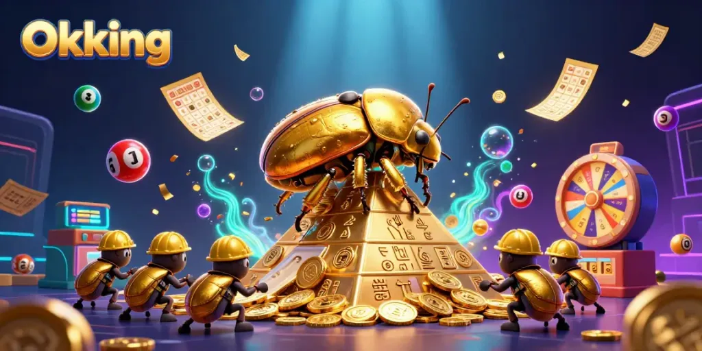 Spin and win with Okking's vibrant games illustrated with golden coins and dynamic elements.