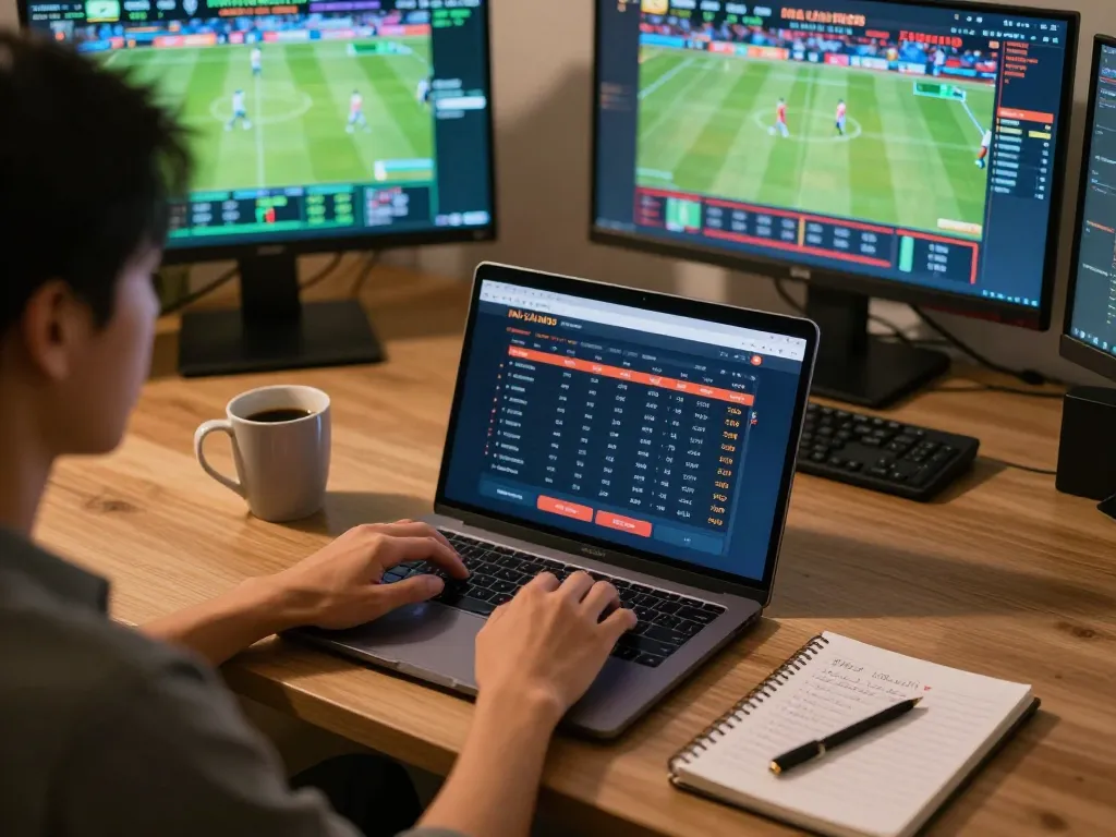 Engaged user bets on live sports with NHÀ CÁI MI88 on a laptop, showcasing dynamic online gambling.