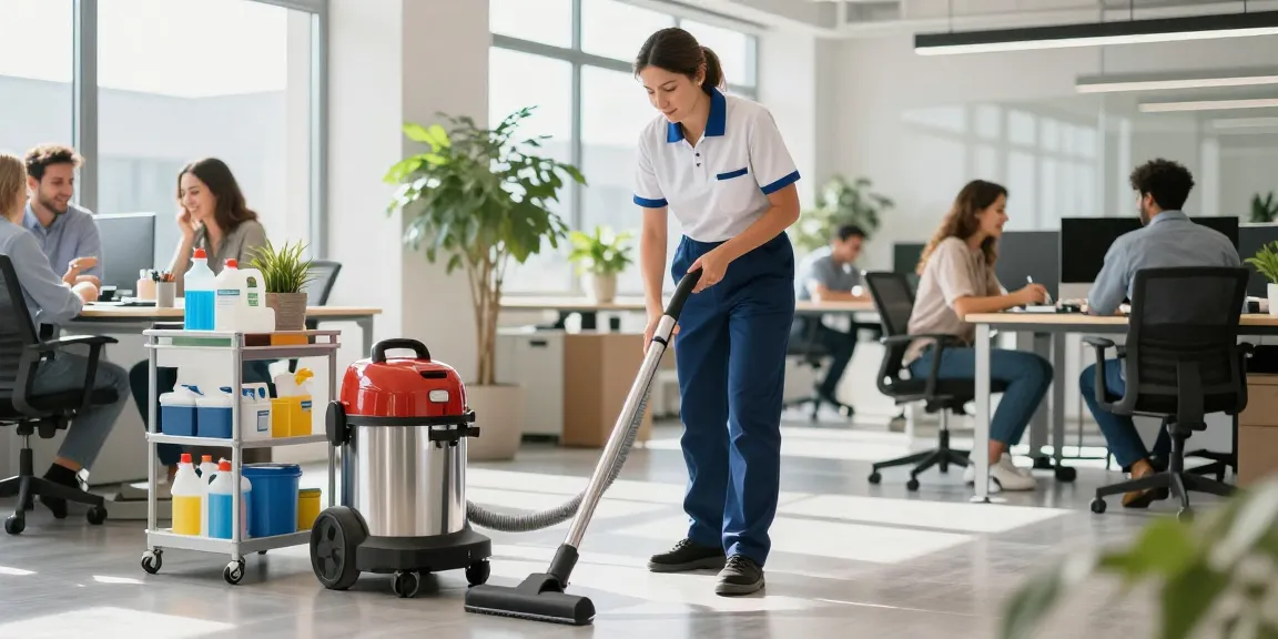 Professional cleaner maintaining a spotless workspace at a schoonmaakbedrijf den haag, ensuring a clean and productive environment.
