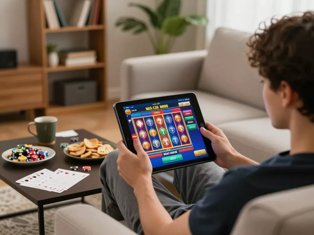 Engaged player using NHÀ CÁI MI88 on tablet in cozy home setting for online casino gaming.