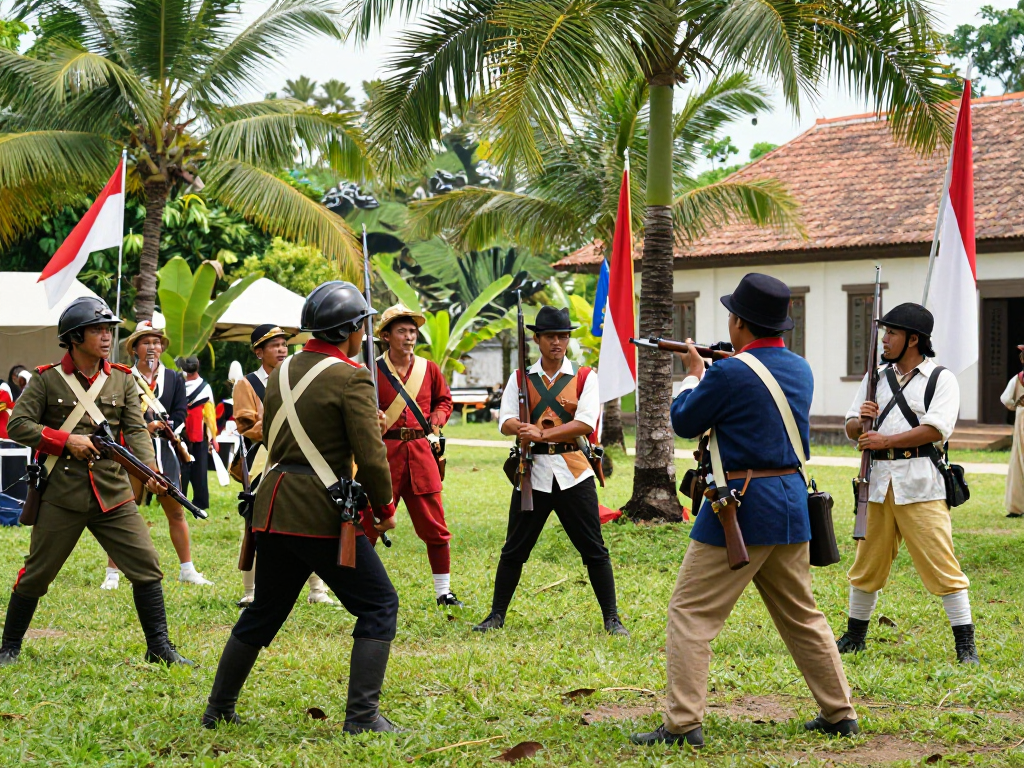 The scene showcasing a reenactment of a moment from the Dutch-Indonesian conflict, representing historical context relevant to rokok88 rtp.