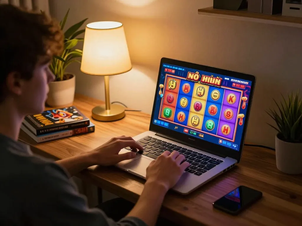 Nổ hũ gameplay excitement captured on a laptop in a cozy home setting with warm ambient lighting