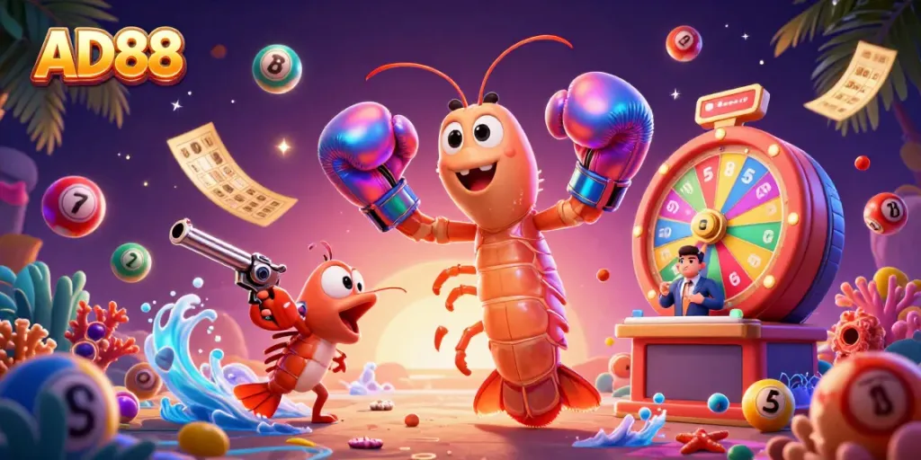 Join the excitement at AD88 with vibrant games, colorful lottery balls, and animated casino elements for immersive play.