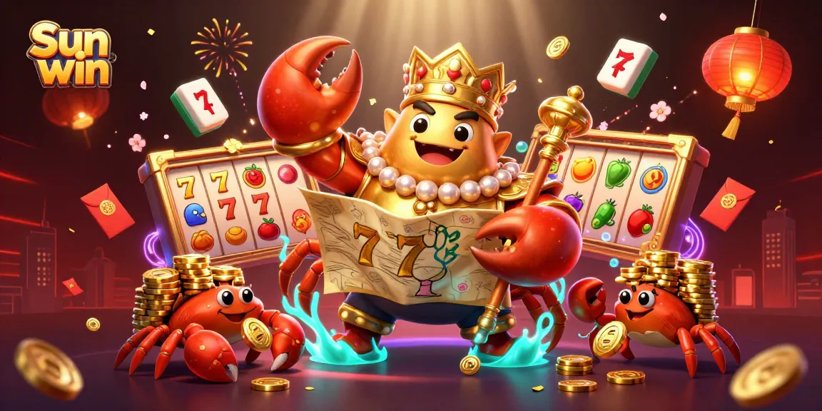 Sun win brings luck with vibrant slot reels, golden crab emperor, and animated casino elements.