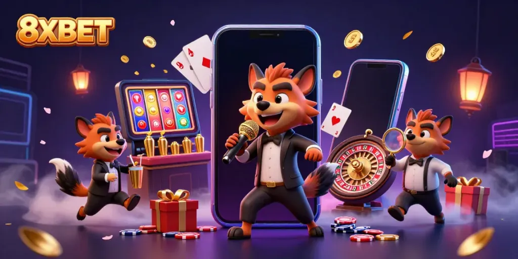 Experience the thrill of 8XBET with hyena characters in a vibrant casino setting, showcasing games and excitement.