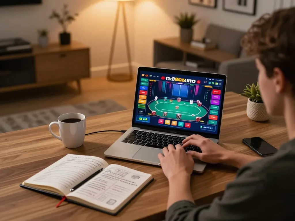 Player enjoying poker at tx88casino on a laptop in a cozy home office setting.