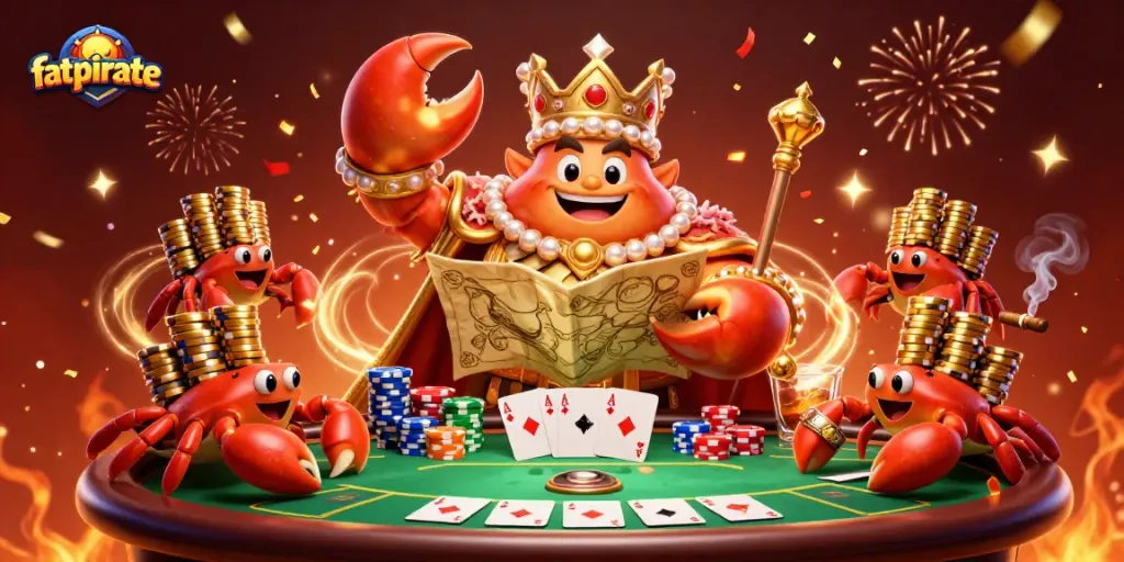 Engage in thrilling gameplay at fatpirate with a vibrant 3D scene featuring a golden crab emperor, poker elements, and festive decorations.