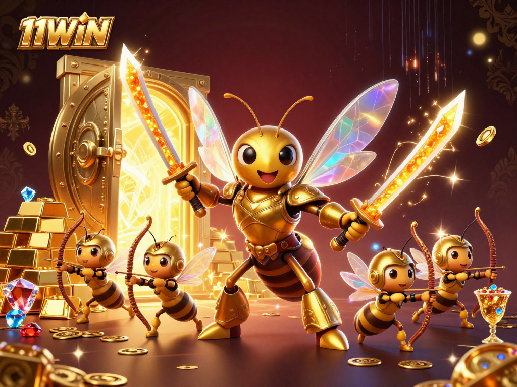 Experience 11WIN's vibrant gaming world with a golden hornet samurai and treasure galore.