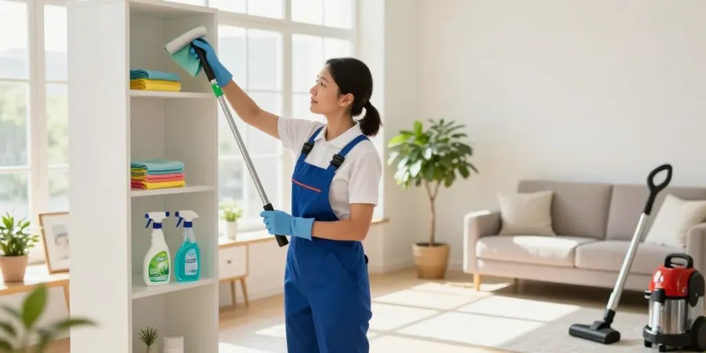 Professionele woning schoonmaak in Amsterdam met stralend interieur en schoonmaakmiddelen