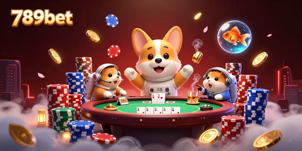 Engage with the 789bet universe as the astronaut corgi navigates a cosmic casino filled with poker chips and coins.