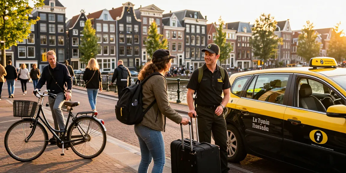 Taxi centrale amsterdam service in vibrant city scene, driver assisting customer with luggage.