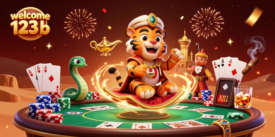 Welcome 123b gaming with a cartoon tiger sultan on a flying carpet amidst poker elements.