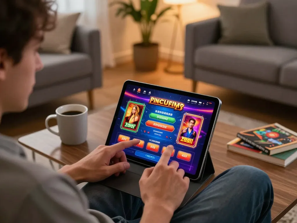 Engaging in online gambling with nhà cái alo8 app on a sleek tablet in a modern, cozy setting.