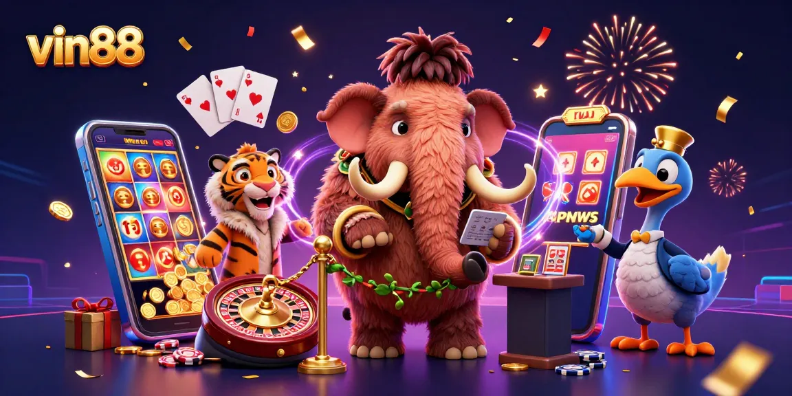 Experience exclusive gaming thrills with vin88's vibrant casino scene featuring engaging characters and colorful slot games.
