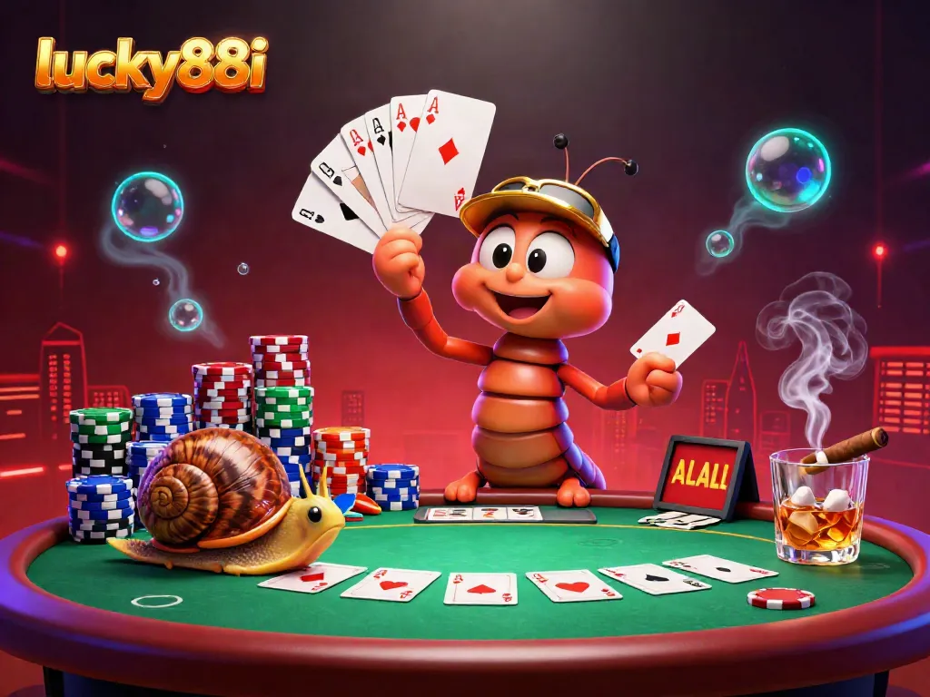 Experience the excitement of lucky88i with a cartoon millipede dealer and enthusiastic characters at a poker table.