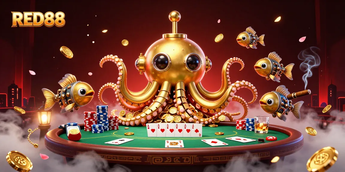 RED88 showcases a thrilling poker scene with a kraken submarine and mechanical fish amidst casino excitement.
